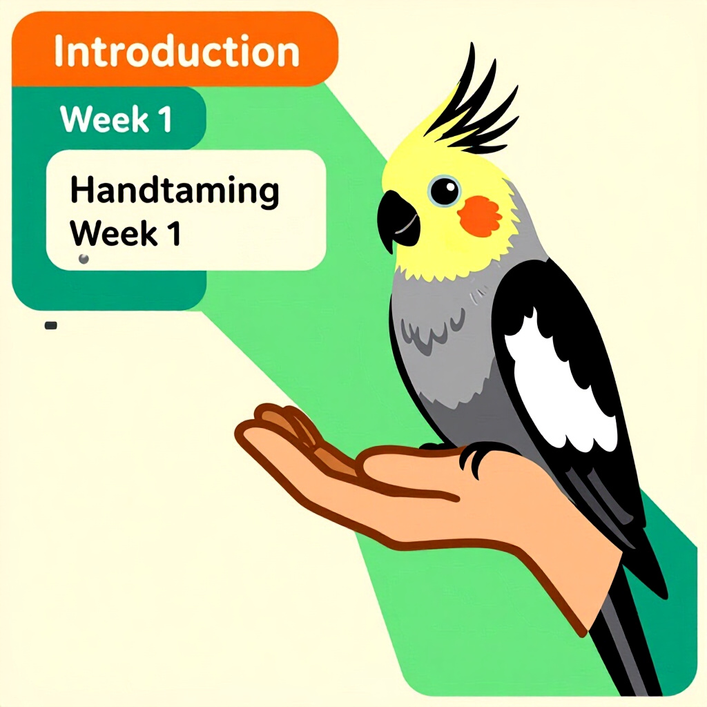 AI generated cockatiel: picture about bird care. picture style: comic introduction cockatiel week1 handtaming blueprint, hig