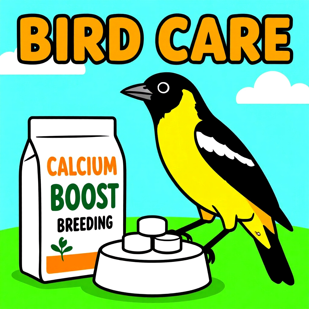 AI generated image: picture about bird care. picture style: comic recommended products foods calcium boost breeding, hig
