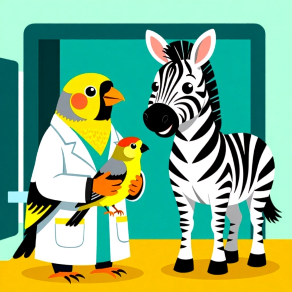 AI generated finch: picture about bird care. picture style: comic finch case zara zebra saving veterinary care, high qua