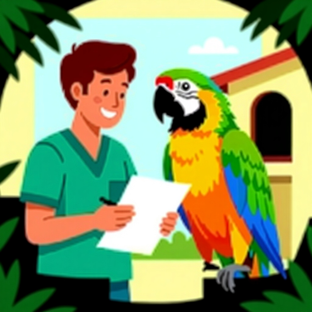 AI generated parrot: picture about bird care. picture style: comic parrot owners complete previsit health s m, high quali