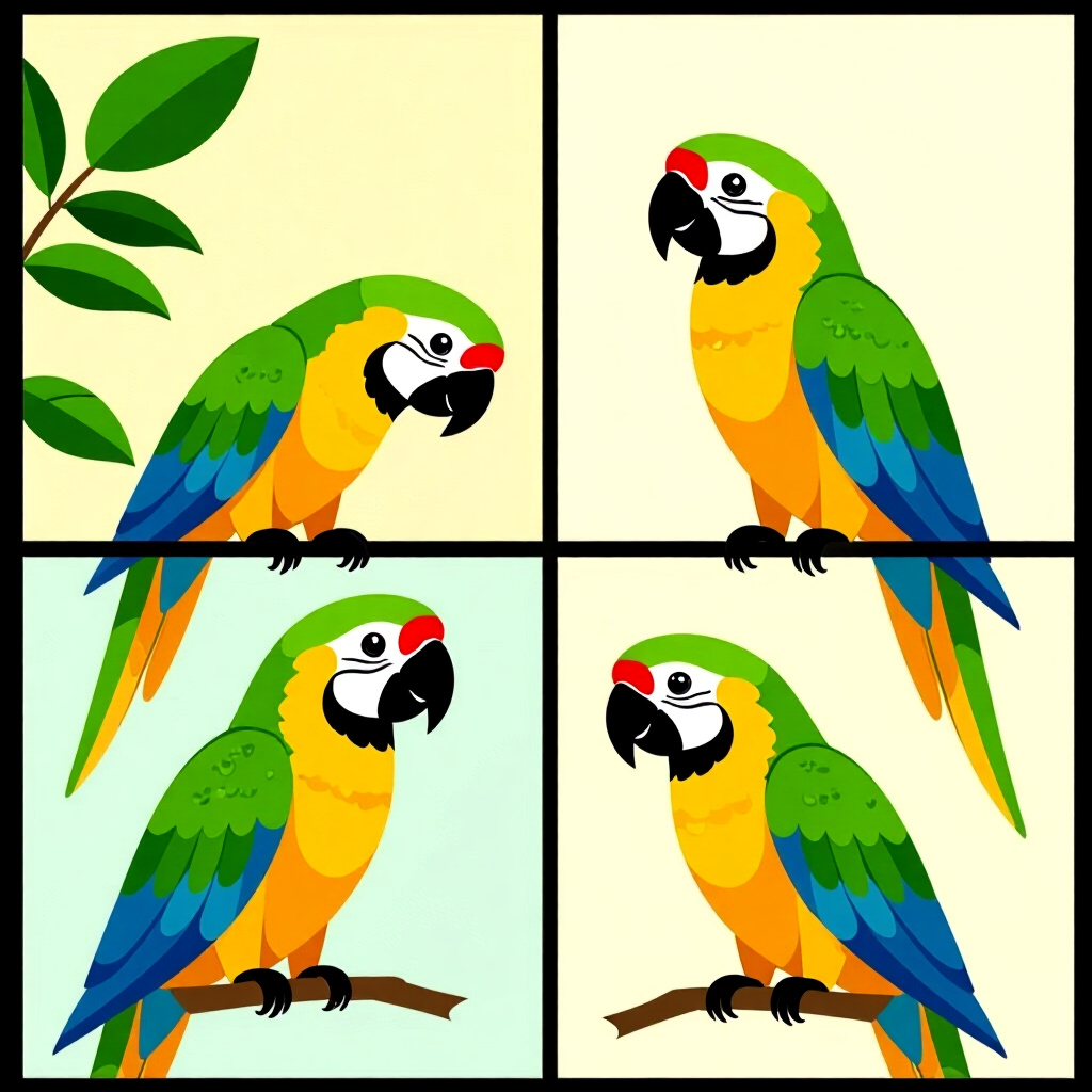 AI generated parrots: picture about bird care. picture style: comic parrots stepbystep treatment plan s m, high quality, d