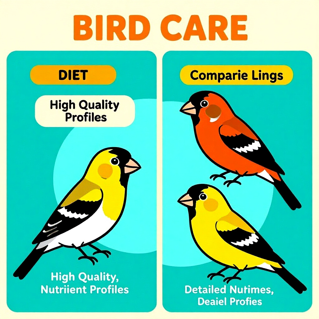 AI generated finch: picture about bird care. picture style: comic finch introduction right diet finch comparing nutrient