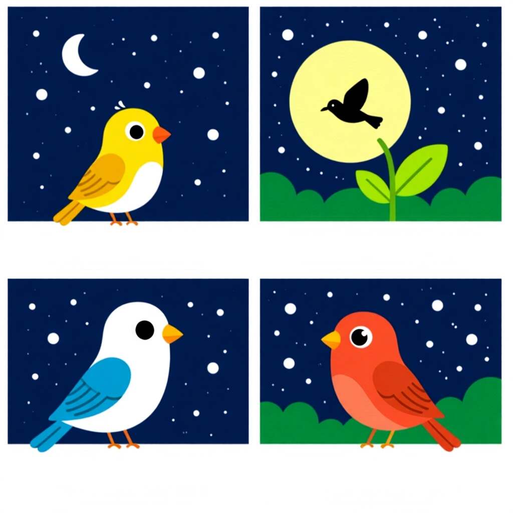 AI generated image: picture about bird care. picture style: comic introduction monitoring adjusting nighttime, high qual