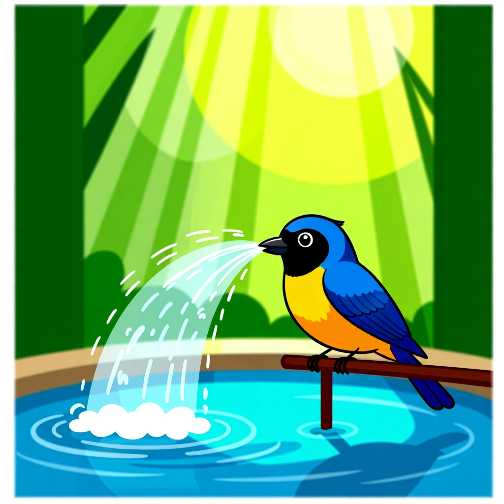AI generated image: picture about bird care. picture style: comic creating waterfall misting s m, high quality, detailed