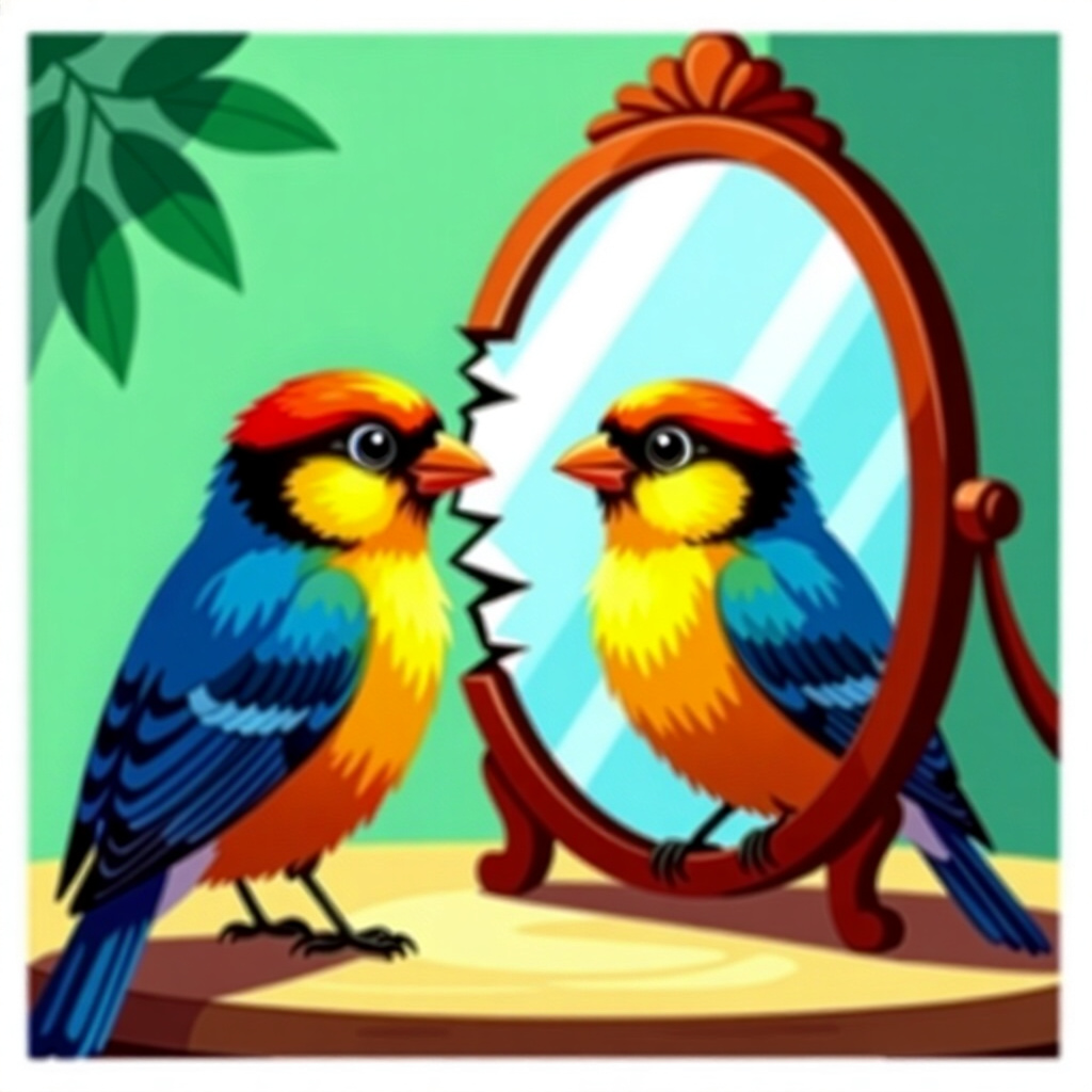 AI生成画像: 鳥のケアに関する画像。画像スタイル: コミック 社会的認知 愛着 鏡への執着からの脱却