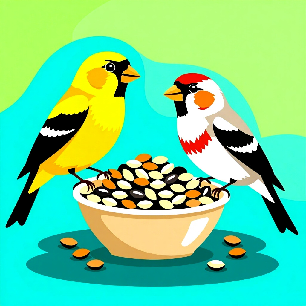 AI generated finch: picture about bird care. picture style: comic finch lowcalorie seed mix s m, high quality, detailed
