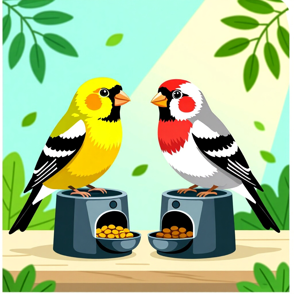 AI generated finch: picture about bird care. picture style: comic introduction finch timed food dispensers, high quality