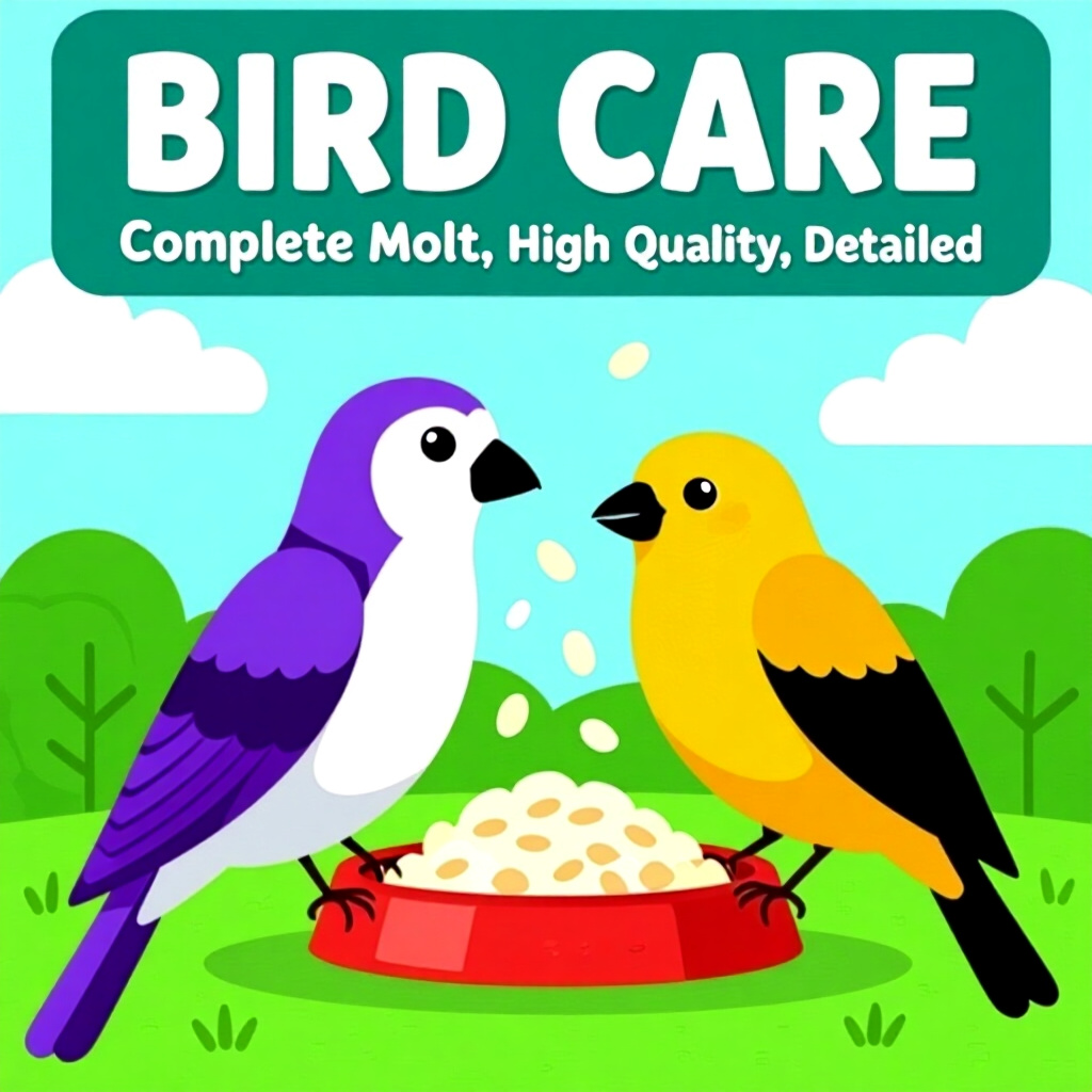 AI generated image: picture about bird care. picture style: comic introduction complete moltfriendly diet, high quality,