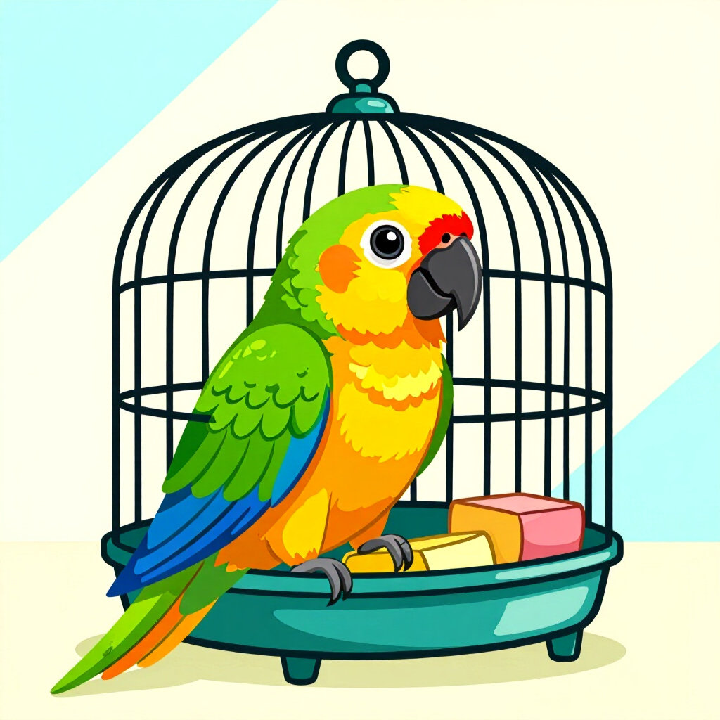 AI generated parrot: picture about bird care. picture style: comic introduction parrot small cage sizing, high quality, d