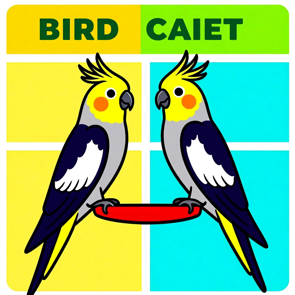 AI生成のオカメインコ: 鳥のケアに関する画像。画像スタイル: コミック風イントロダクション オカメインコの食事マスタープラン バランス調整, 高解像度