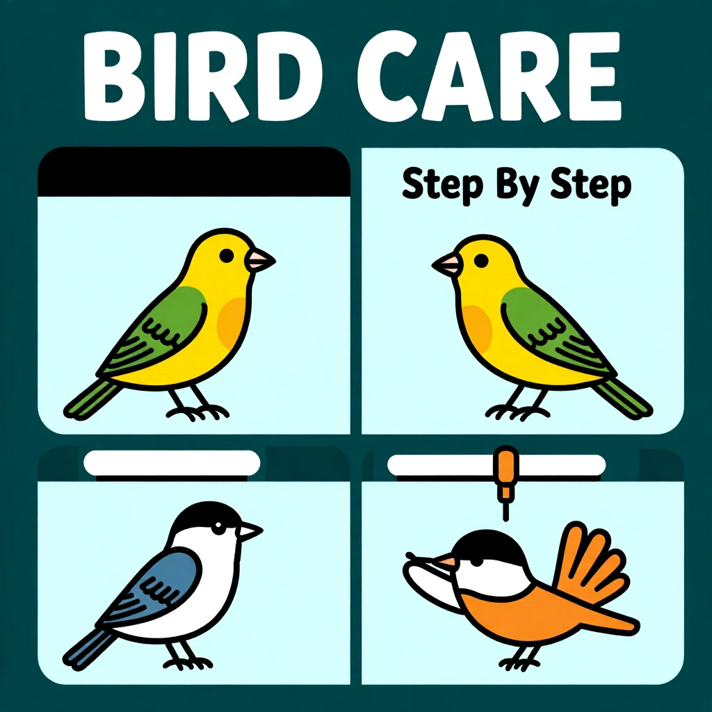 AI generated image: picture about bird care. picture style: comic introduction stepbystep guide handtaming, high quality