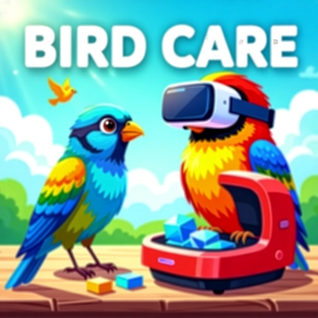 AI generated bird: picture about bird care. picture style: comic introduction bird virtual reality organizing, high qua