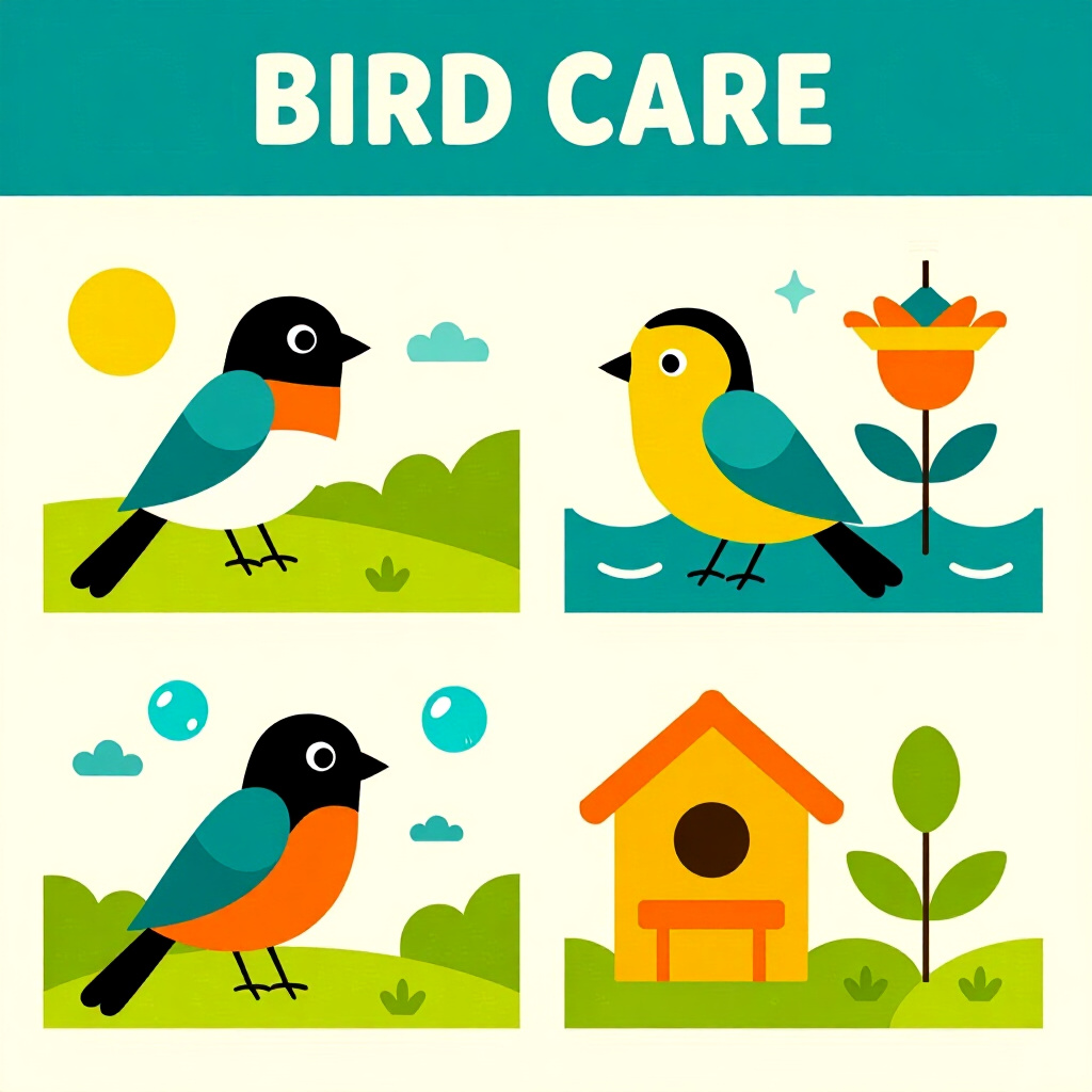 AI generated image: picture about bird care. picture style: comic introduction complete guide seasonal, high quality, de