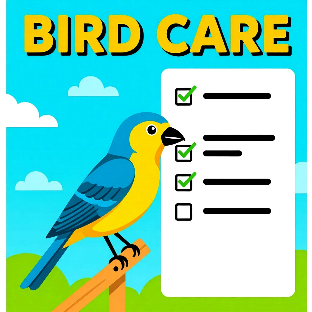 AI generated bird: picture about bird care. picture style: comic construction checklist bird pets incorporating daily e