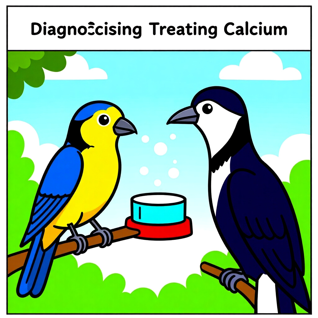 AI generated image: picture about bird care. picture style: comic introduction diagnosing treating calcium, high quality