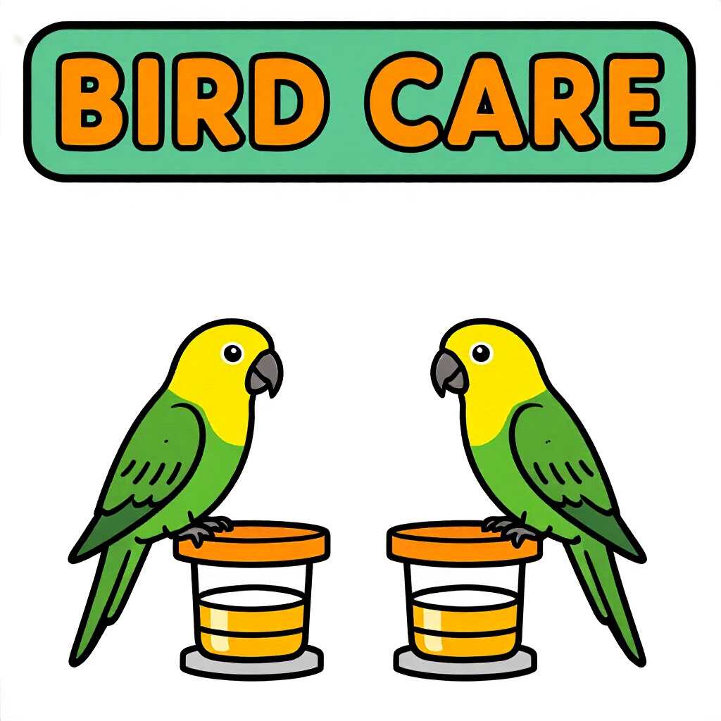 AI generated image: picture about bird care. picture style: comic finetune supplements balanced nutrition grassparakeets