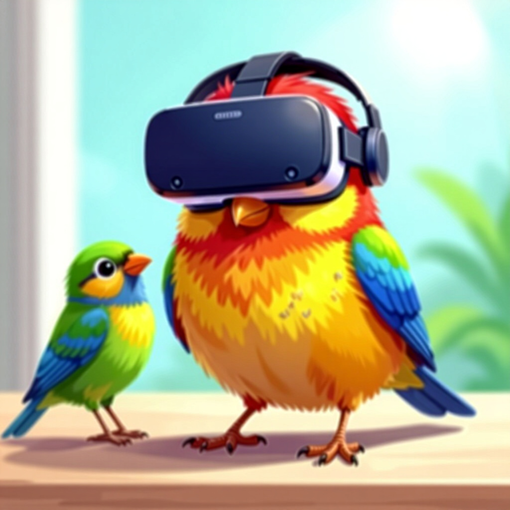 AI generated bird: picture about bird care. picture style: comic bird virtual reality organizing s m, high quality, det