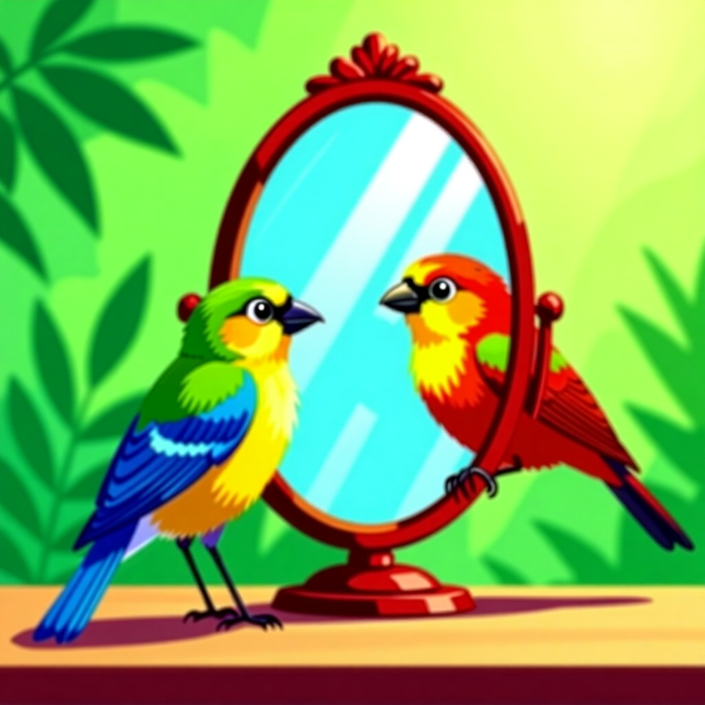 AI generated image: picture about bird care. picture style: comic science says breaking mirror obsession, high quality,