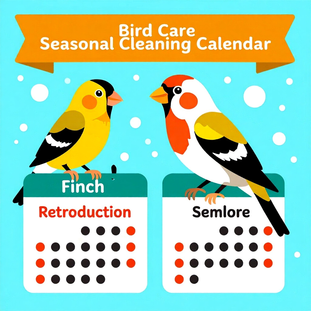 AI generated finch: picture about bird care. picture style: comic introduction finch seasonal cleaning calendar, high qu