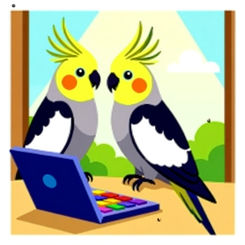 AI generated cockatiels: picture about bird care. picture style: comic cockatiels wings actually cockatiel calculating space