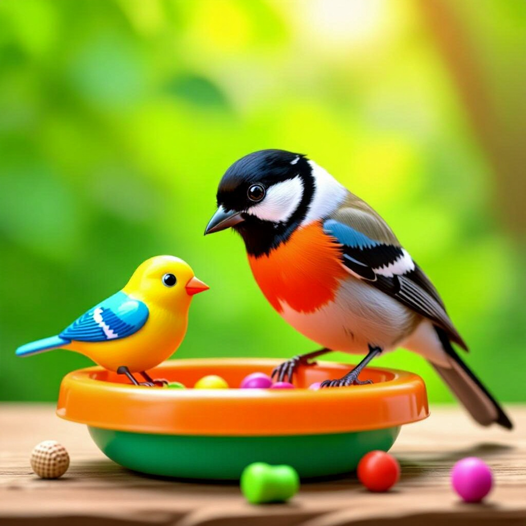 AI generated image: picture about bird care. picture style: comic brainboosting foraging toys s m, high quality, detaile