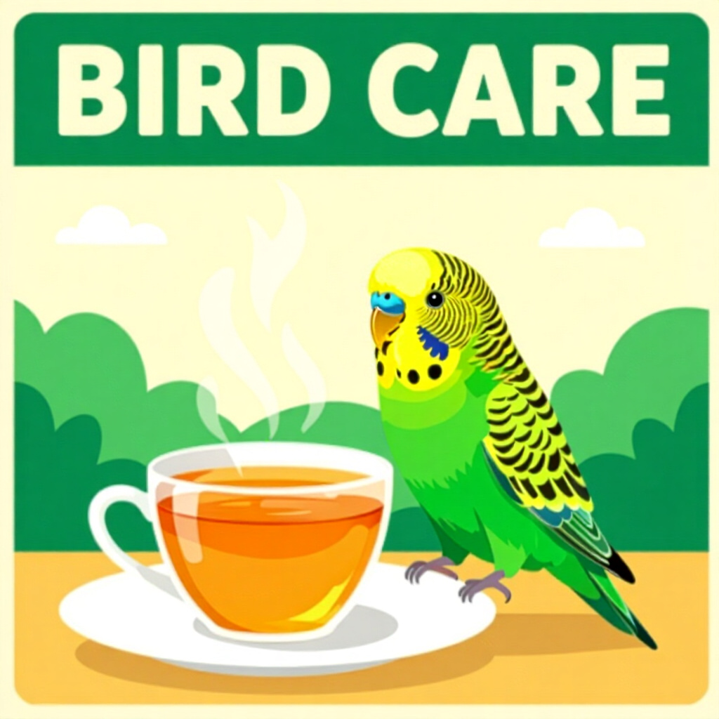 AI生成画像:鳥のケアに関する画像。画像スタイル:漫画 セキセイインコのバディがウイルス感染後の喘鳴を呈し、ハーブティーを紹介している様子、こんにちは