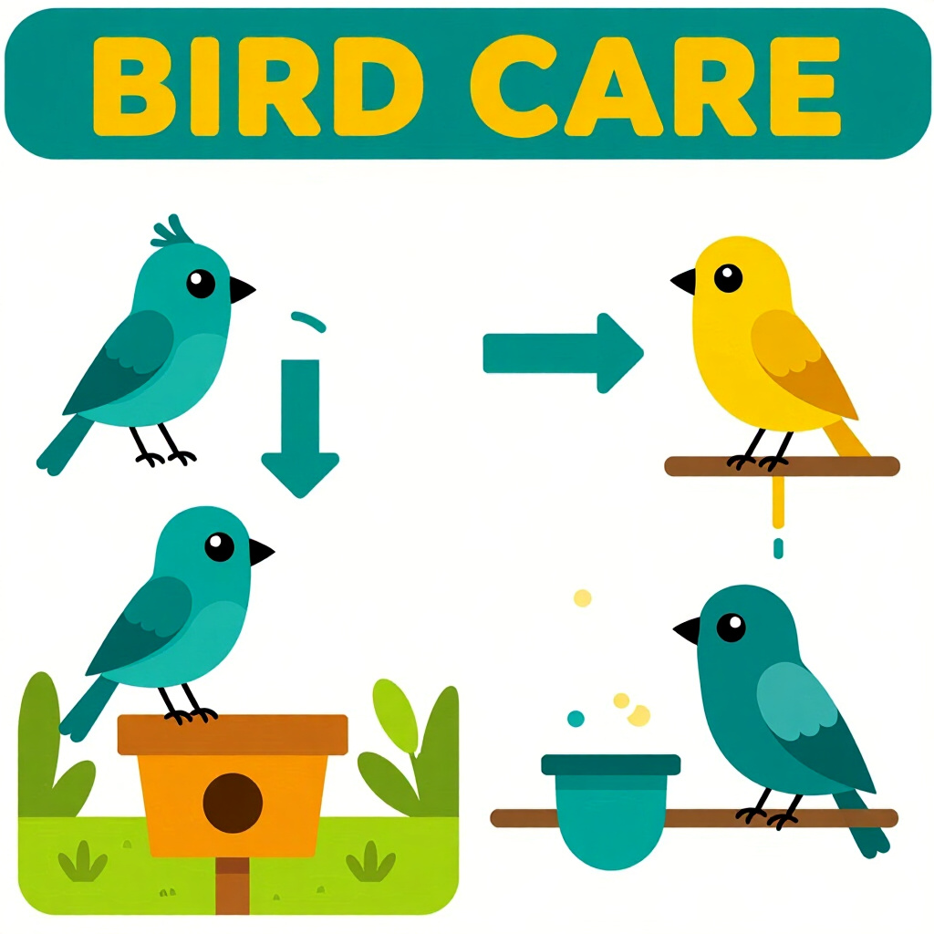 AI generated image: picture about bird care. picture style: comic pet stepbystep guide converting s m, high quality, det