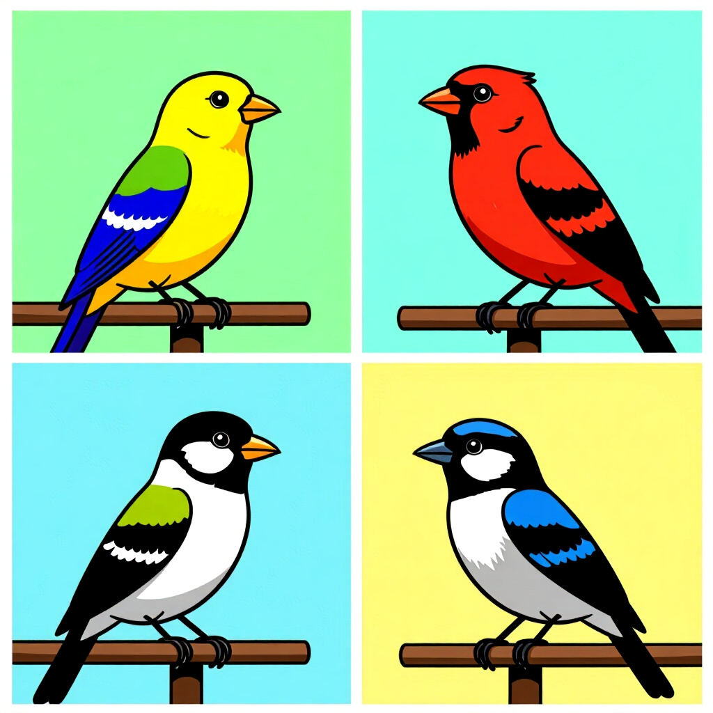 AI generated image: picture about bird care. picture style: comic language perching different s m, high quality, detaile