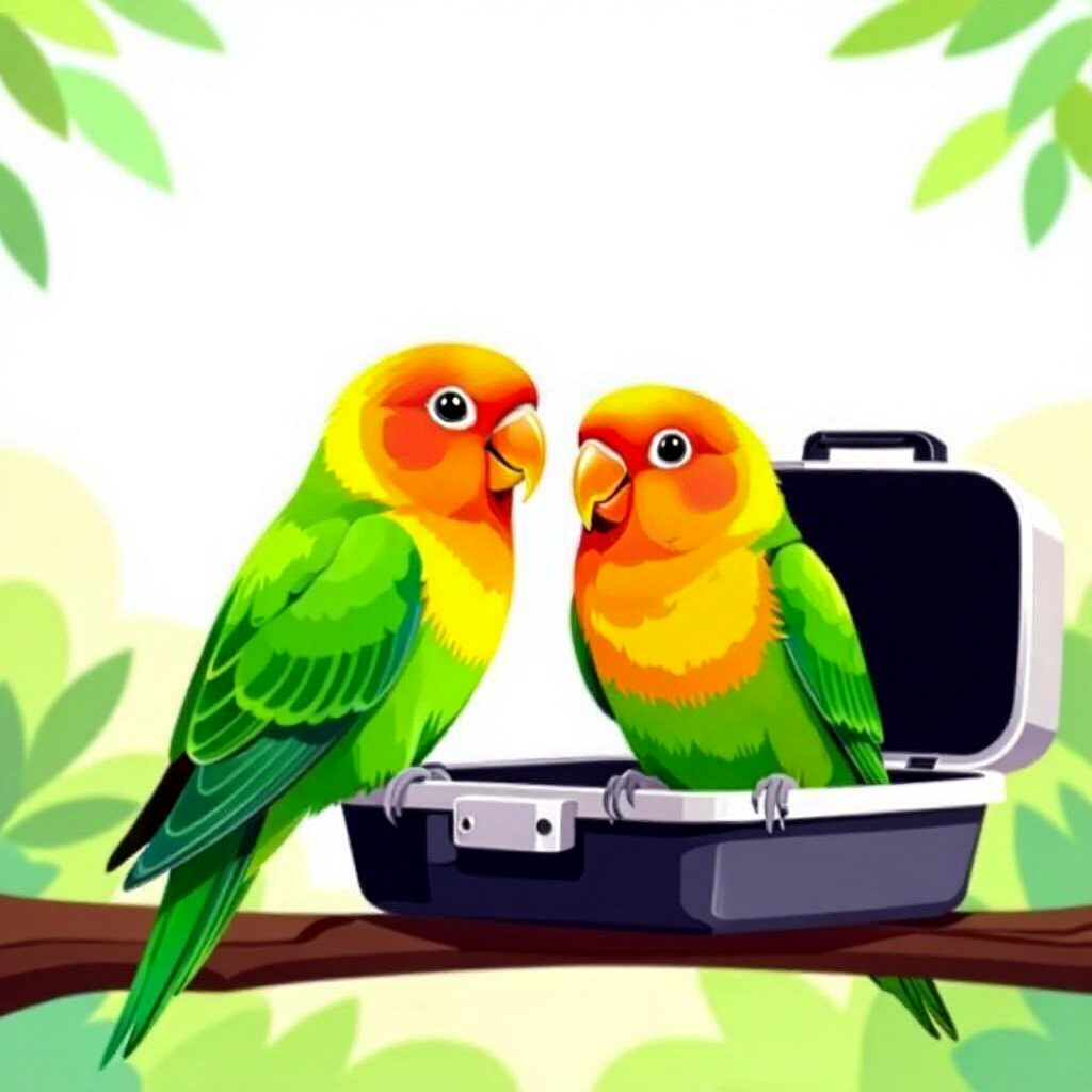 AI generated bird: picture about bird care. picture style: comic understanding lovebird travel choosing travel carrier,