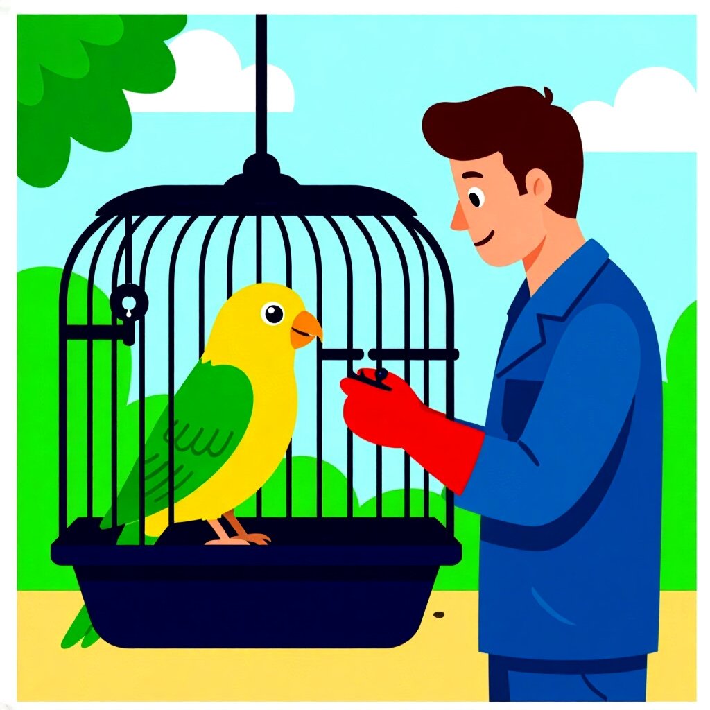 AI生成画像:鳥のお世話に関する画像。画像スタイル:コミック、ケージのロックアップグレードの紹介、高品質、詳細