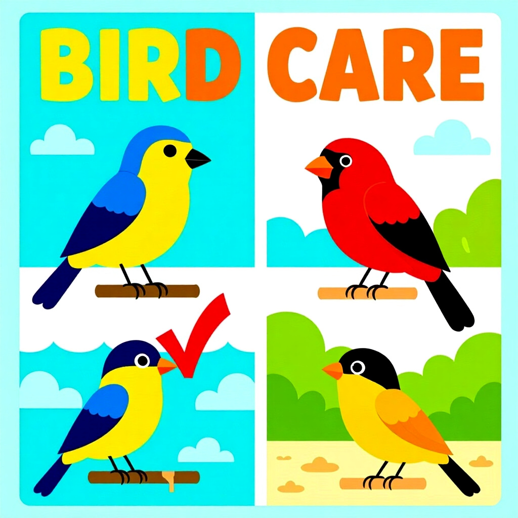 AI生成画像: 鳥の飼育に関する絵。絵のスタイル: 漫画 予算 DIY 既製 室内、高品質の選択