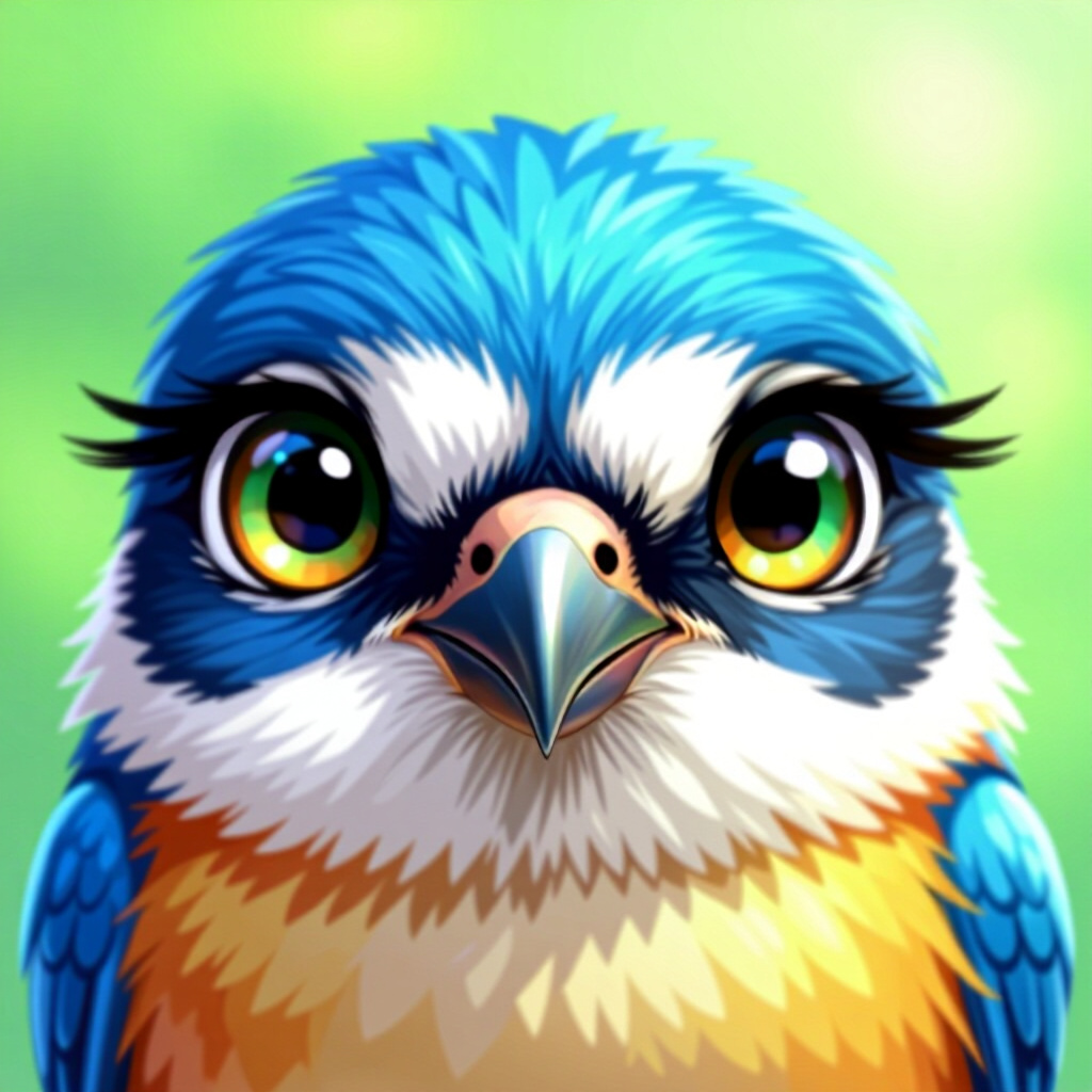 AI生成された鳥:鳥のケアに関する画像。画像スタイル:漫画的な鳥の目の解剖、ペット、アイコンタクト、高品質