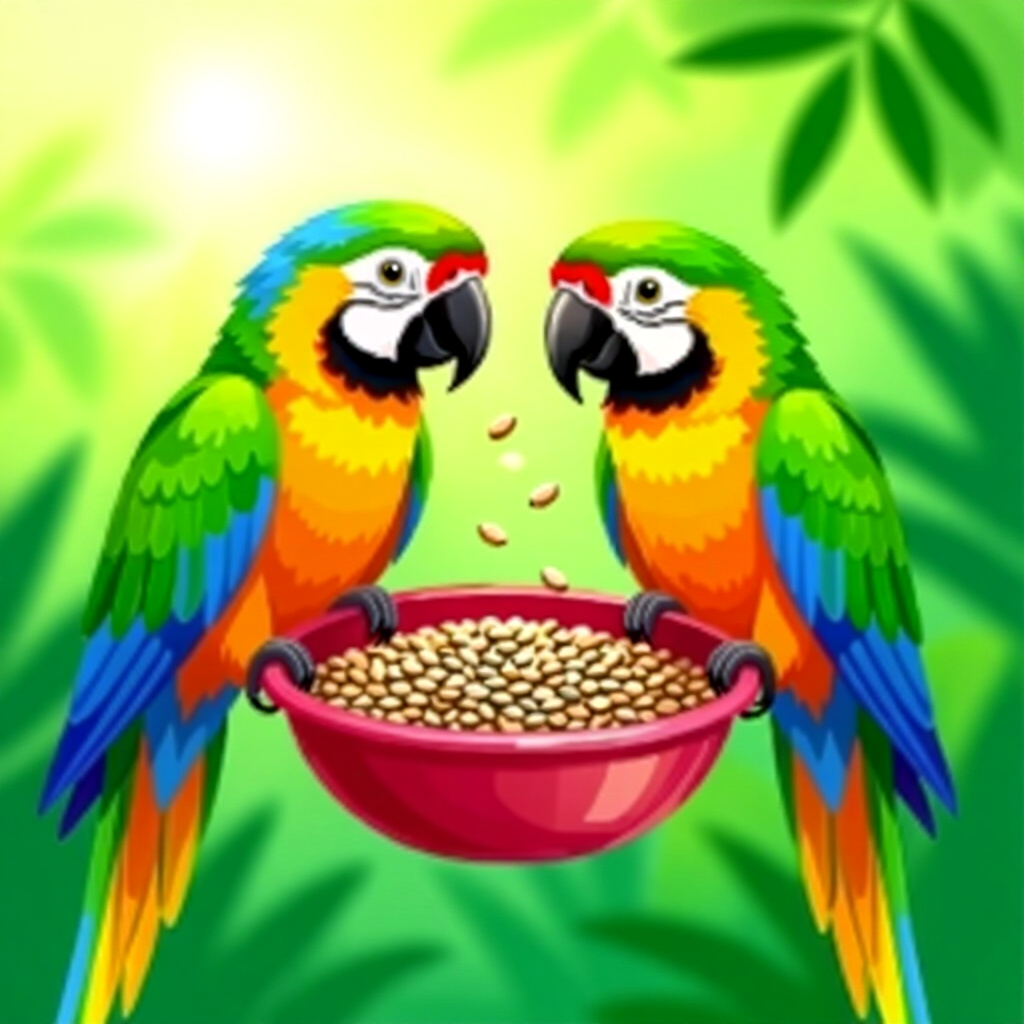 AI generated parrots: picture about bird care. picture style: comic parrots transitioning small seed s m, high quality, de