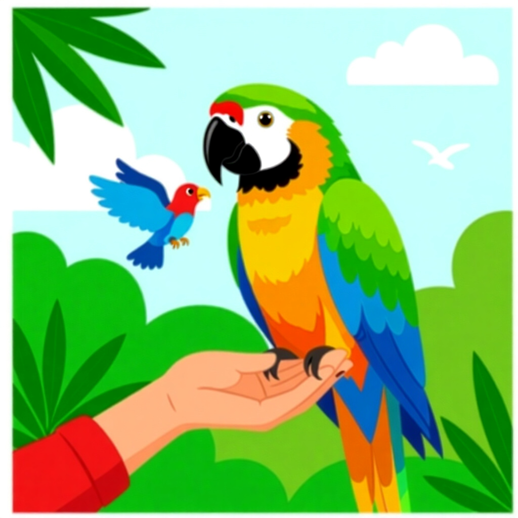 AI generated parrot: picture about bird care. picture style: comic introduction parrot gentle release teaching, high qual