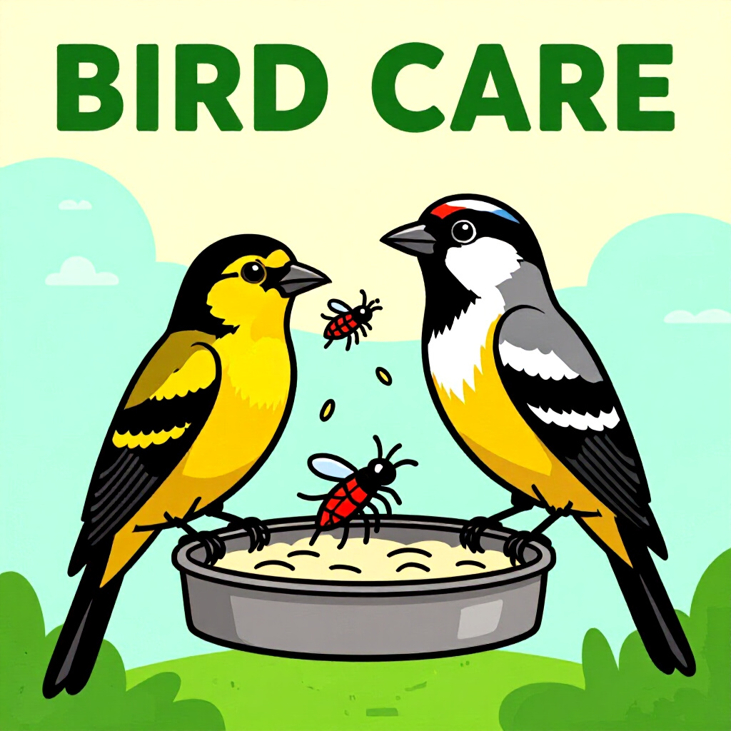 AI generated image: picture about bird care. picture style: comic transitioning storebought insect s m, high quality, de