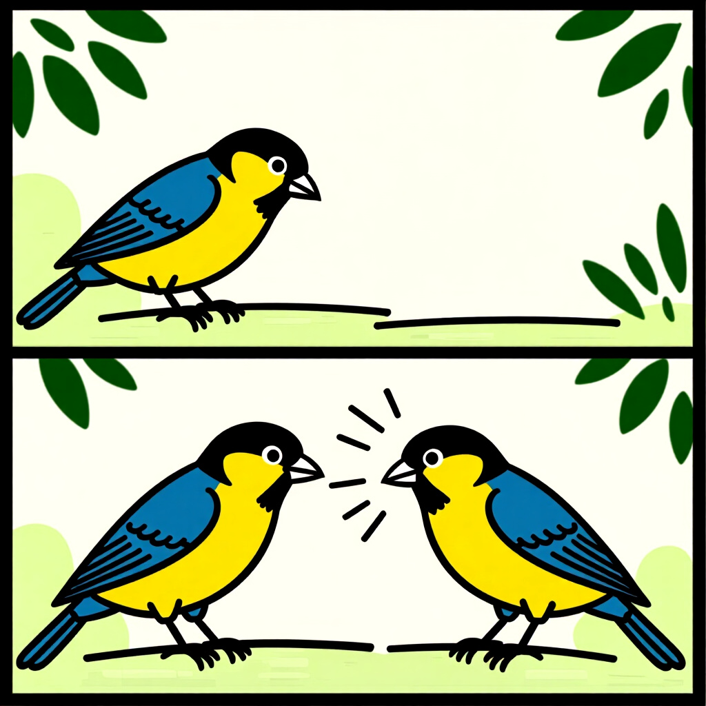 AI生成画像：鳥のケアに関する画像。画像スタイル：成功のための基礎を築く3段階のコミック、攻撃的なつつきを方向転換させる