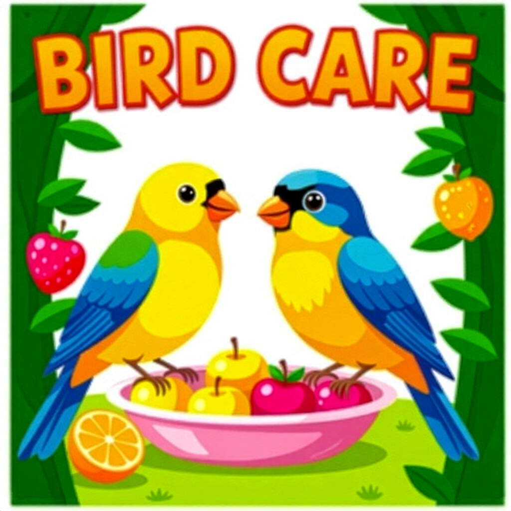 AI generated birds: picture about bird care. picture style: comic introduction birds allergyfree fruit snacks, high qual
