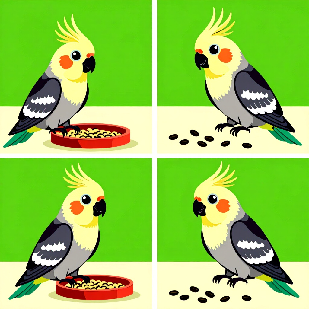 AI generated cockatiel: picture about bird care. picture style: comic cockatiel transition seedonly balanced cockatiel stepb
