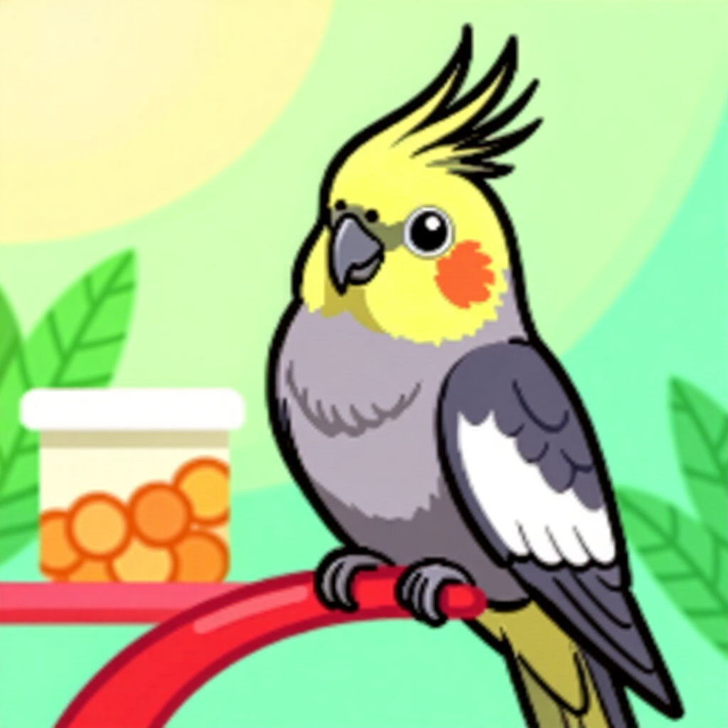 AI generated cockatiel: picture about bird care. picture style: comic introduction cockatiel stepbystep guide transitioning,