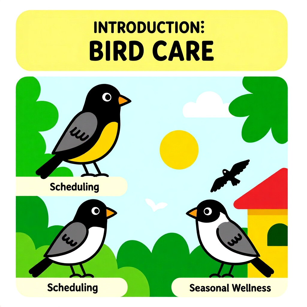 AI generated image: picture about bird care. picture style: comic introduction scheduling seasonal wellness, high qualit