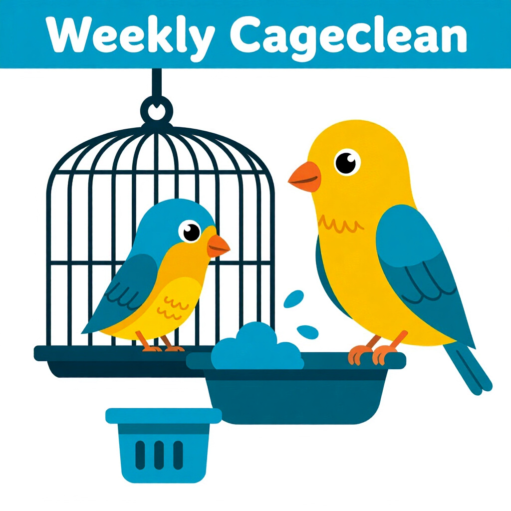 AI generated image: picture about bird care. picture style: comic introduction weekly cage deepclean, high quality, deta