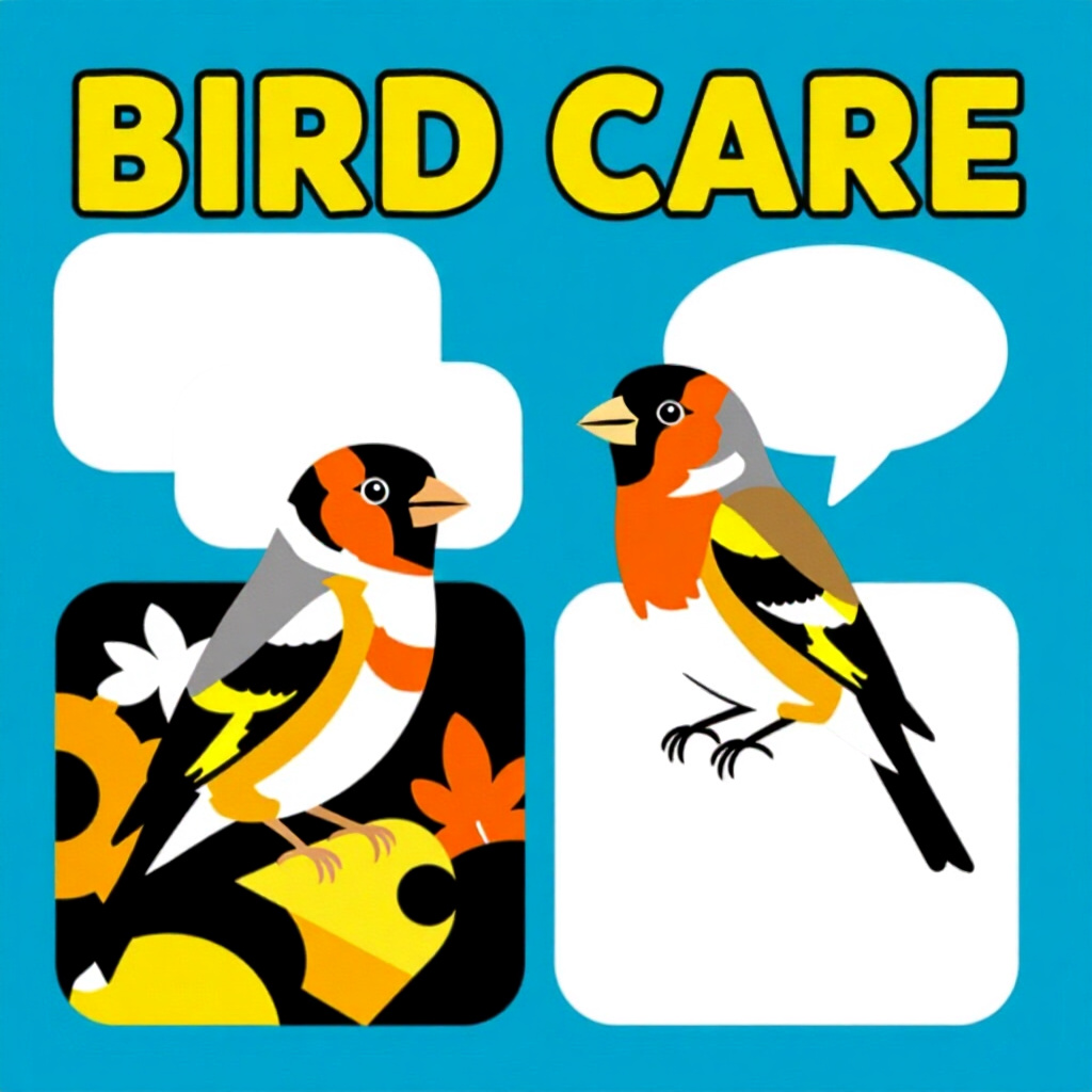 AI generated finch: picture about bird care. picture style: comic finch essential questions ask s m, high quality, detai