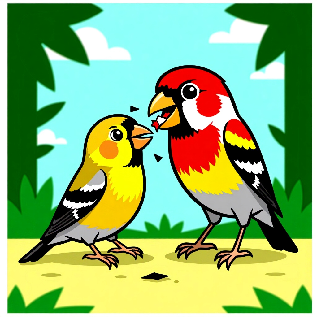 AI generated finch: picture about bird care. picture style: comic introduction finch chewing chaos create, high quality,