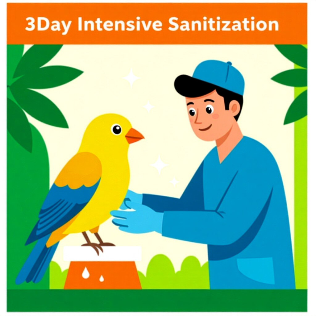 AI generated bird: picture about bird care. picture style: comic introduction bird 3day intensive sanitization, high qu