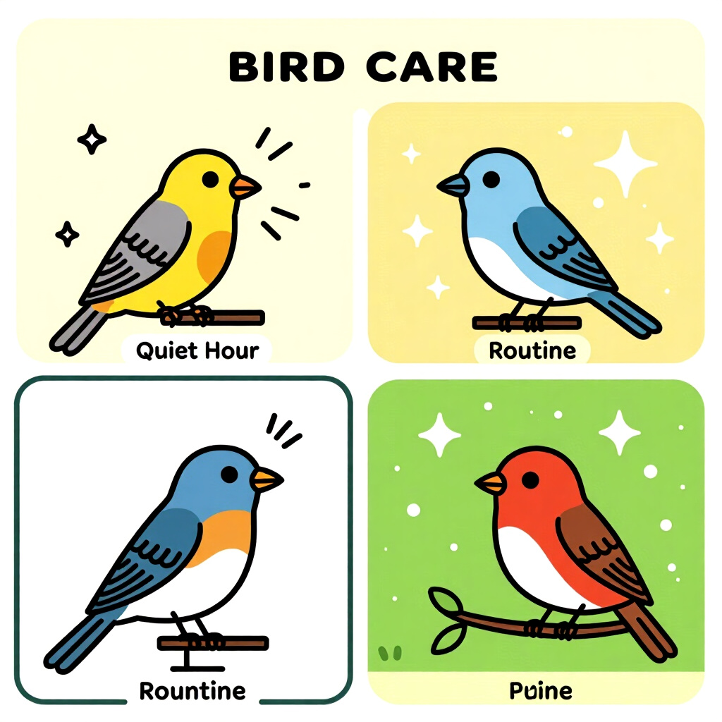 AI generated image: picture about bird care. picture style: comic introduction quiet hour routine, high quality, detaile
