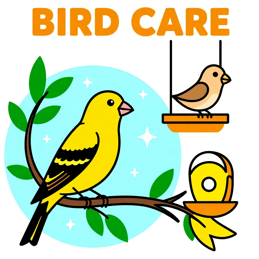 AI generated canary: picture about bird care. picture style: comic introduction canary space planning minimum, high quali
