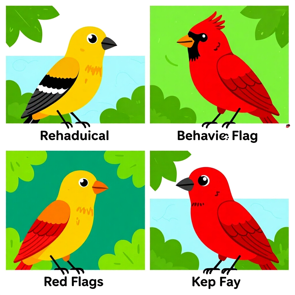 AI generated image: picture about bird care. picture style: comic introduction behavioral red flags, high quality, detai