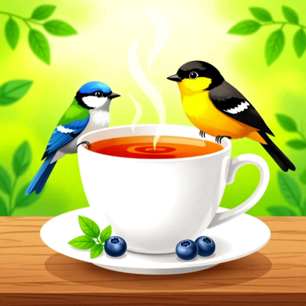 AI generated image: picture about bird care. picture style: comic cup tea might introducing herbal teas, high quality, d