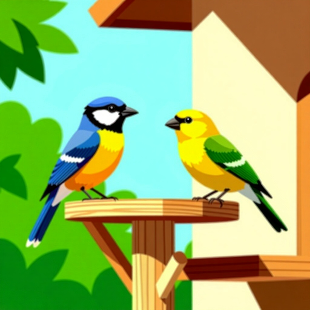 AI generated image: picture about bird care. picture style: comic wood foundation perches designing combined indooroutdo