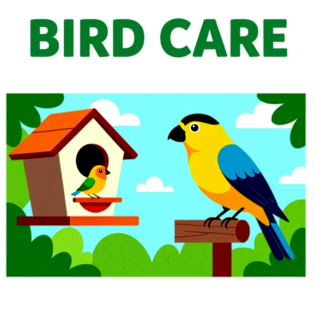 AI generated image: picture about bird care. picture style: comic introduction build safe enriching, high quality, detai